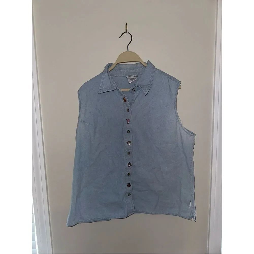 Vintage WALT DISNEY WORLD EMBROIDERED Winnie the Pooh SLEEVELESS DENIM SHIRT XL